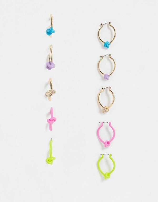 ASOS DESIGN - Creolen mit Kristallstein besetzten und bunten Knoten-Designs im 5er-Pack-Mehrfarbig